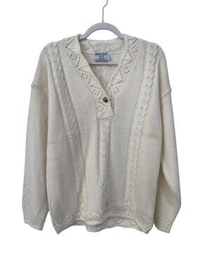Vintage College Point Sweater Small Cable Knit V Neck Cream Cozy Deadstock NEW